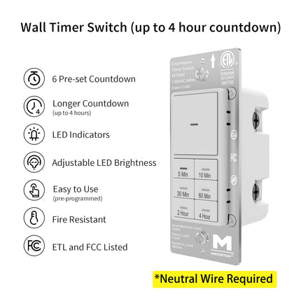 Minoston 4 Hour Countdown Timer Switch for Bathroom Fans White (MT10N)
